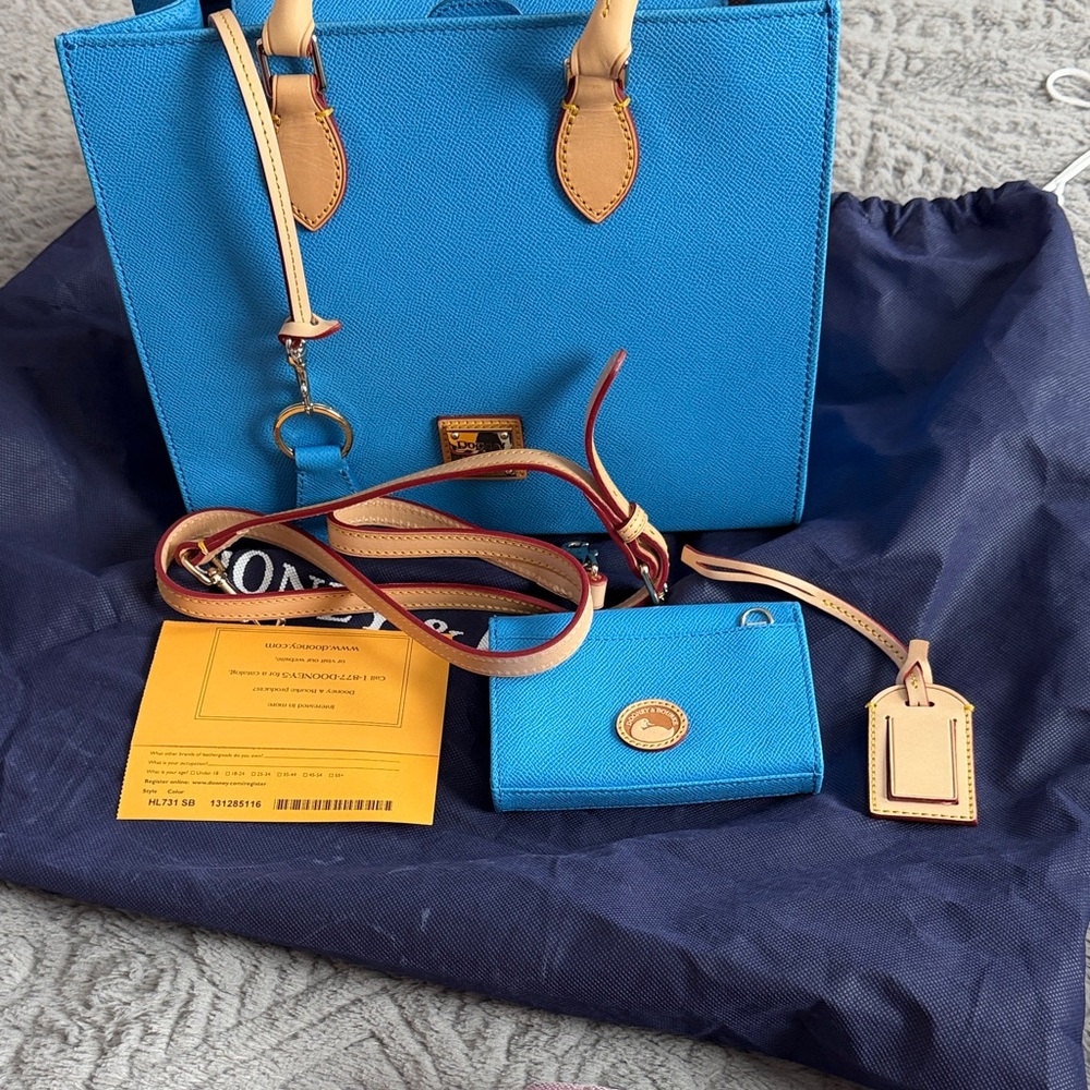 Dooney & Bourke Bright Blue Pebbled Leather Tote with Tan Trim